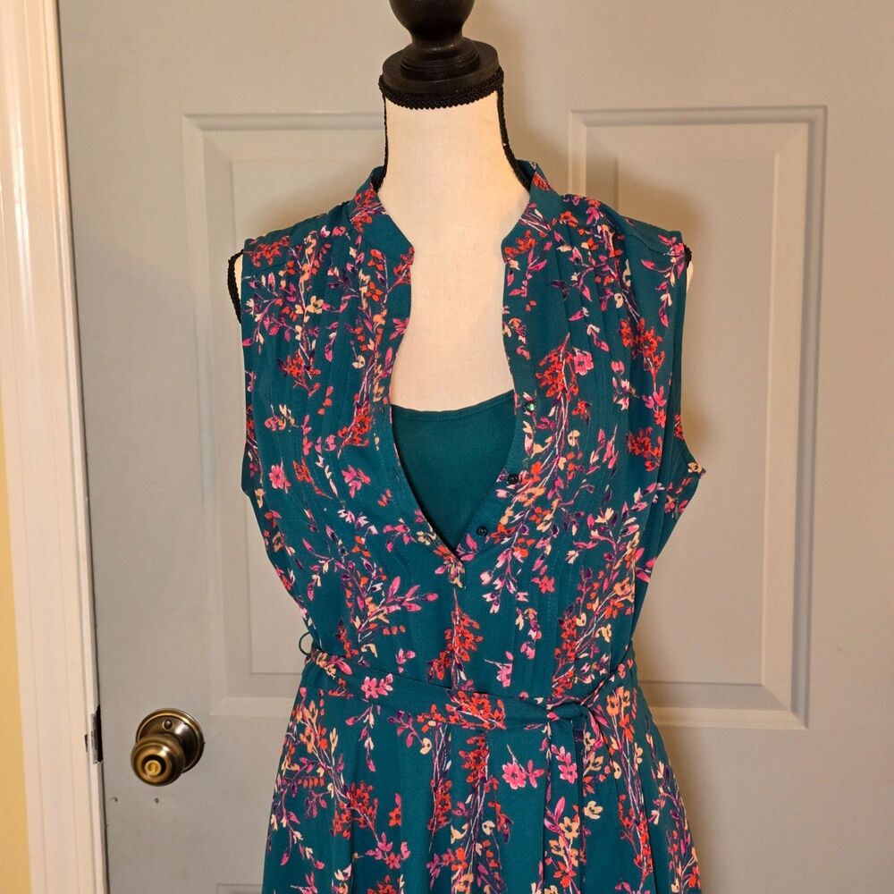 Nanette Lepore Teal Floral Sleeveless Pintuck Button Up A Line Dress Size 6 - Picture 4 of 13
